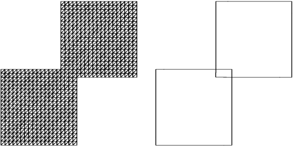 The boundary and the interior interfaces (left); the interior mesh (right) 
of the two overlapping squares geometry 