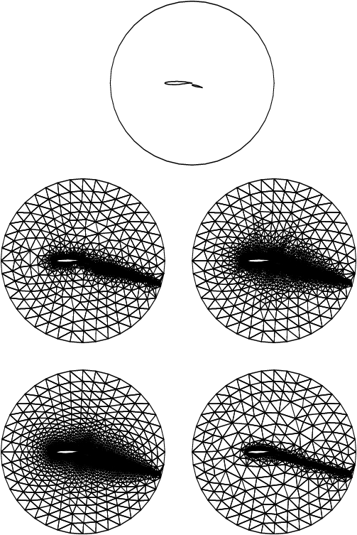 The boundary mesh (top), the interior mesh with npropa=-5 (middle left), -1 (middle right),1 (bottom left) and 5 (bottom right) of a double RAE wings inside a circle geometry